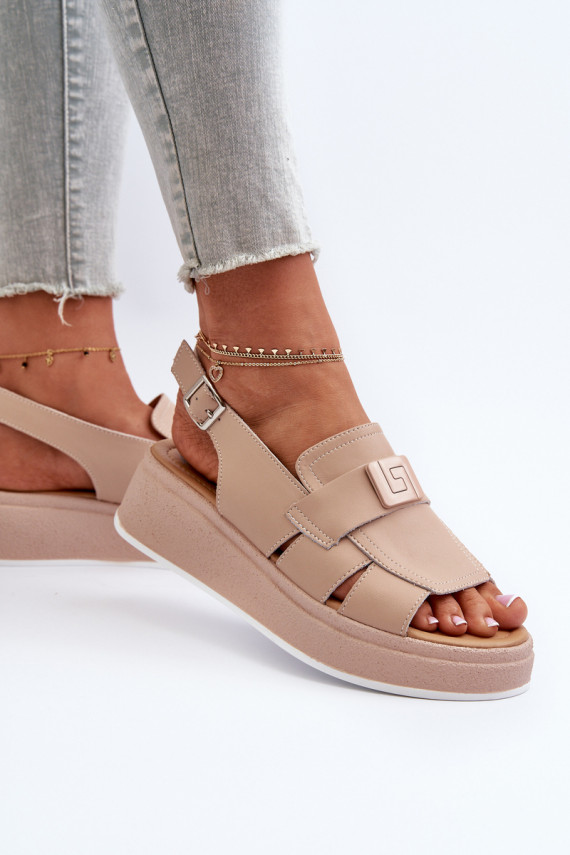 Leather Women's Platform and Wedge Sandals Dark Beige Vivitellia