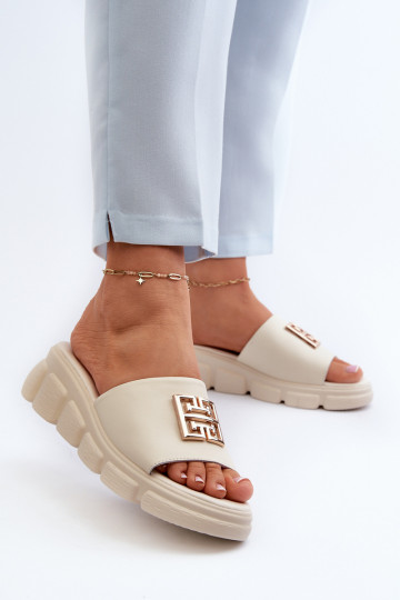 Women's Leather Slip-Ons with Gold Decoration on Wedge Vinceza Beige