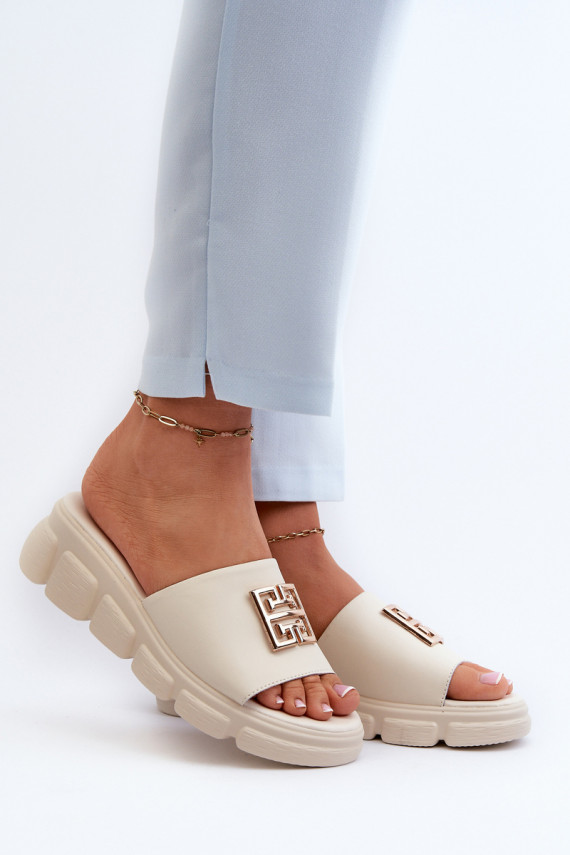 Women's Leather Slip-Ons with Gold Decoration on Wedge Vinceza Beige