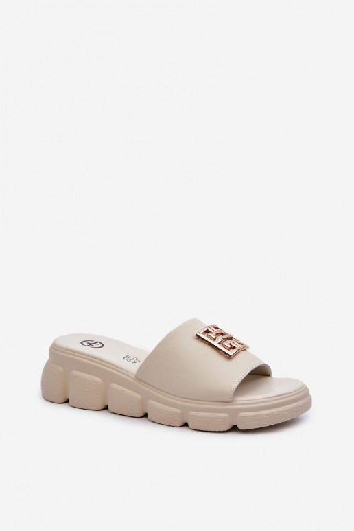 Women's Leather Slip-Ons with Gold Decoration on Wedge Vinceza Beige