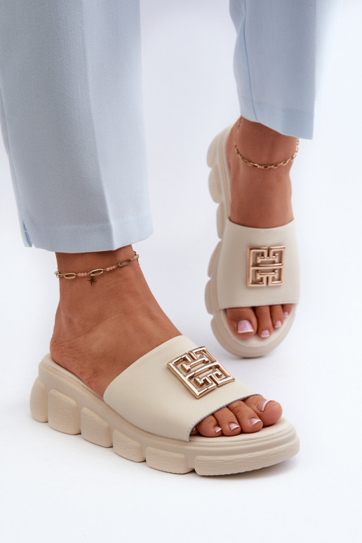 Women's Leather Slip-Ons with Gold Decoration on Wedge Vinceza Beige