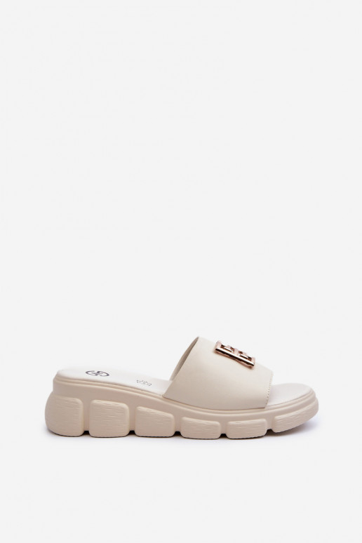 Women's Leather Slip-Ons with Gold Decoration on Wedge Vinceza Beige