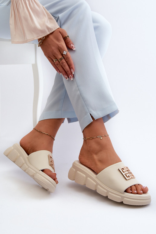 Women's Leather Slip-Ons with Gold Decoration on Wedge Vinceza Beige