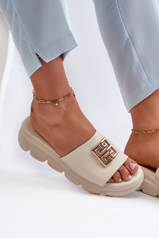 Women's Leather Slip-Ons with Gold Decoration on Wedge Vinceza Beige