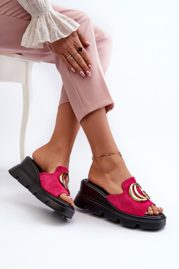Women's sandals in eco suede on a wedge and platform with golden decoration fuchsia Iaria 2