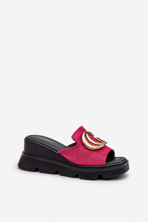Women's sandals in eco suede on a wedge and platform with golden decoration fuchsia Iaria