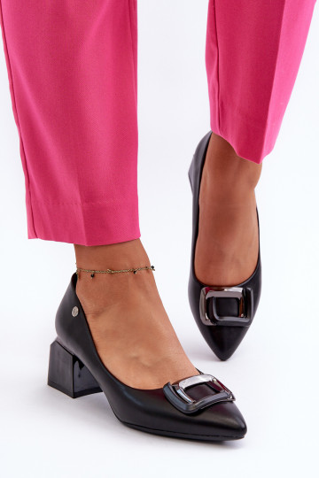 Black Faux Leather Court Shoes with Block Heel and Embellishment Sarala 2
