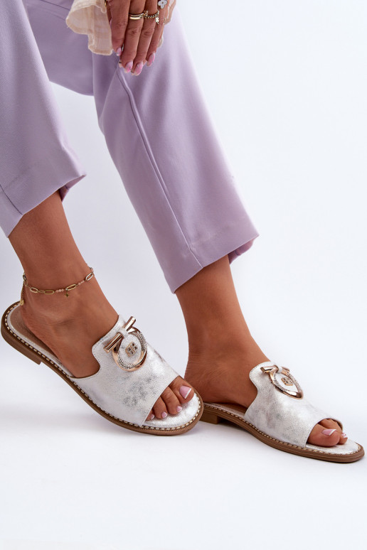 Elegant shiny women's slippers with decoration S.Barski silver
