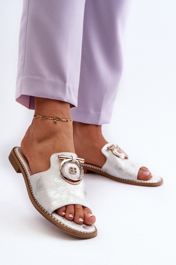 Elegant shiny women's slippers with decoration S.Barski silver