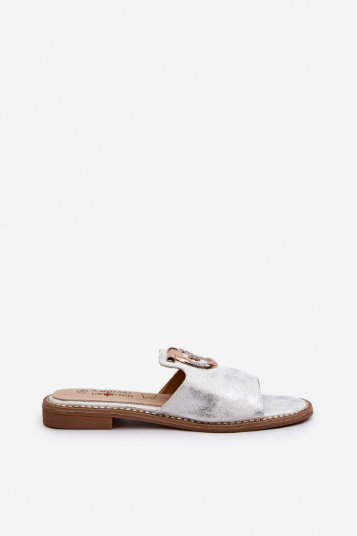 Elegant shiny women's slippers with decoration S.Barski silver