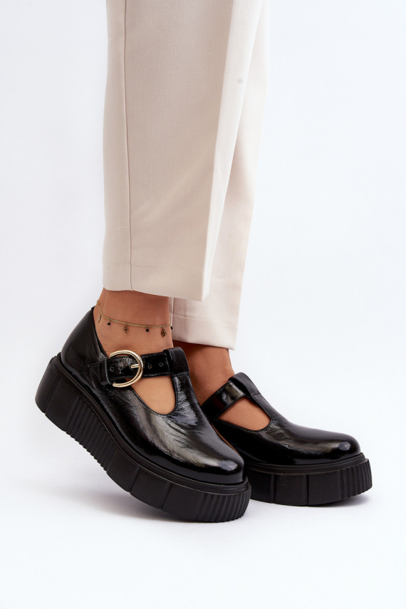 Zazoo Stylish Patent Leather Loafers on Chunky Platform Black