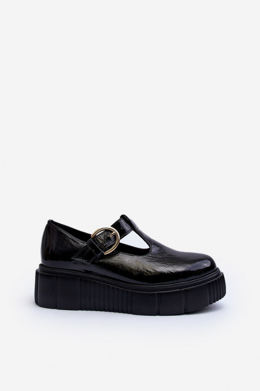 Zazoo Stylish Patent Leather Loafers on Chunky Platform Black