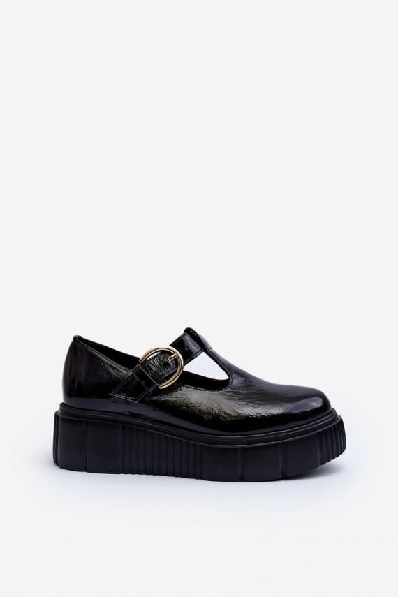 Zazoo Stylish Patent Leather Loafers on Chunky Platform Black