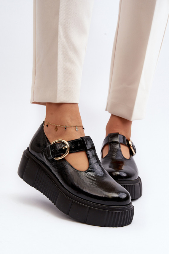 Zazoo Stylish Patent Leather Loafers on Chunky Platform Black