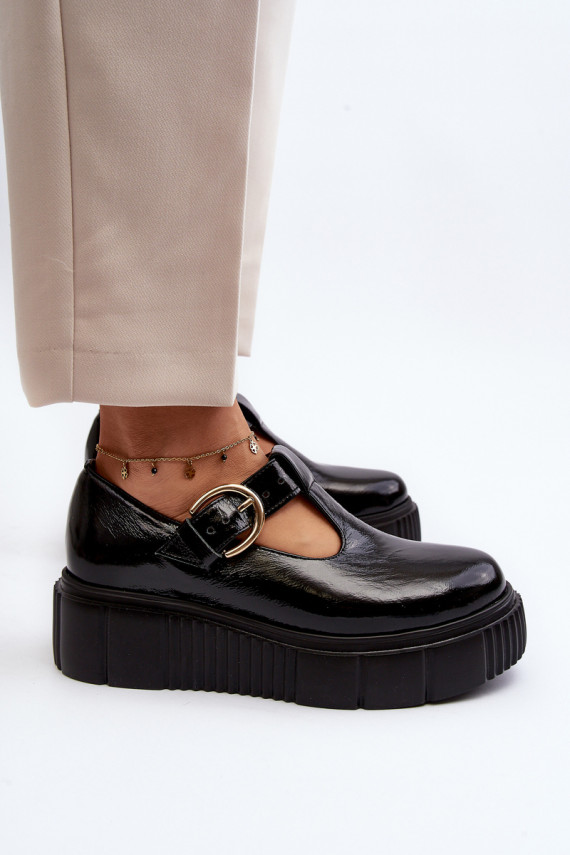 Zazoo Stylish Patent Leather Loafers on Chunky Platform Black