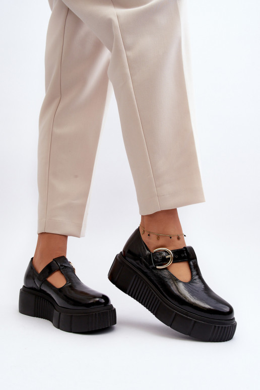 Zazoo Stylish Patent Leather Loafers on Chunky Platform Black