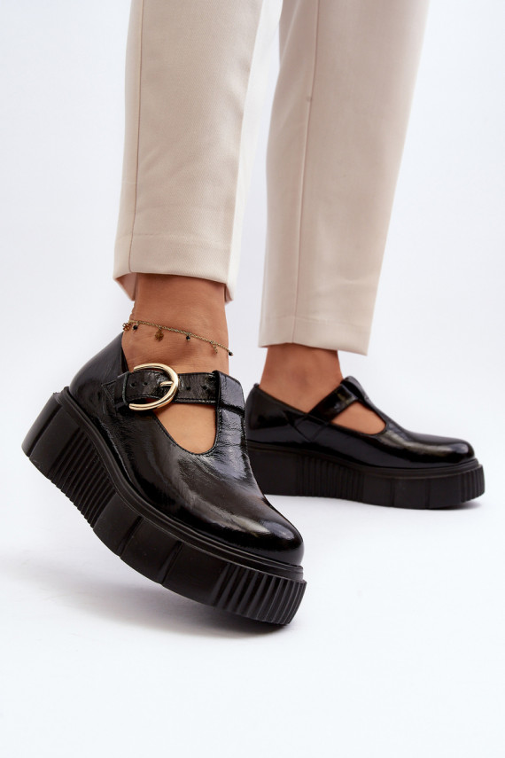 Zazoo Stylish Patent Leather Loafers on Chunky Platform Black