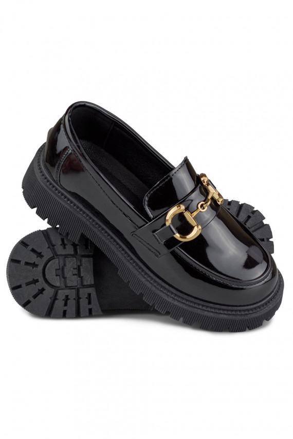 Patent black women's moccasins with decorative detail