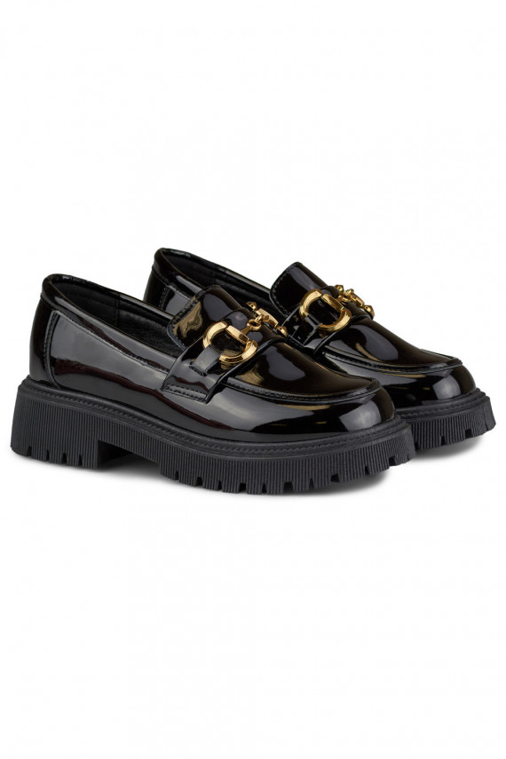 Patent black women's moccasins with decorative detail