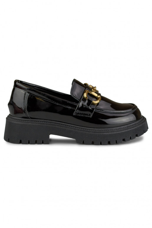Patent black women's moccasins with decorative detail