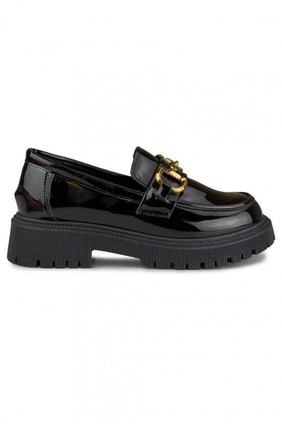 Patent black women's moccasins with decorative detail