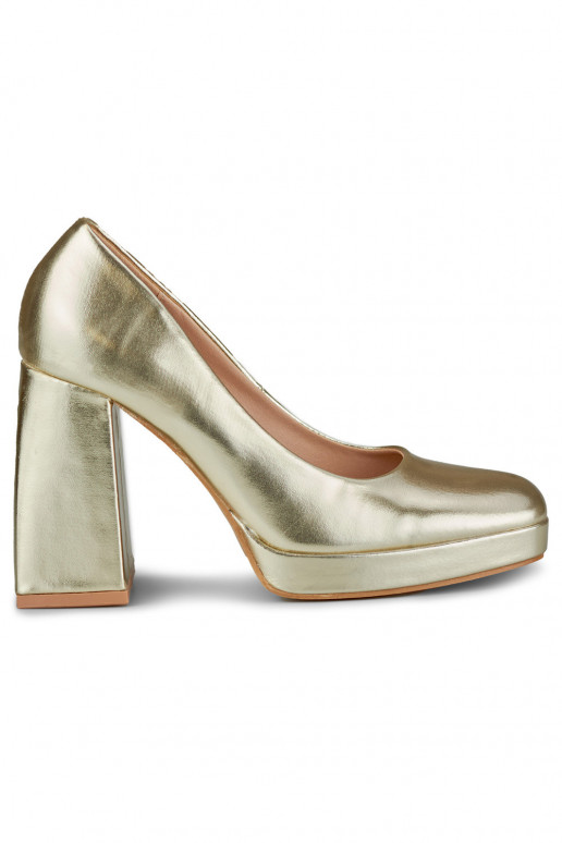 High heels with a wide heel in gold...