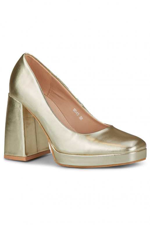 High heels with a wide heel in gold...