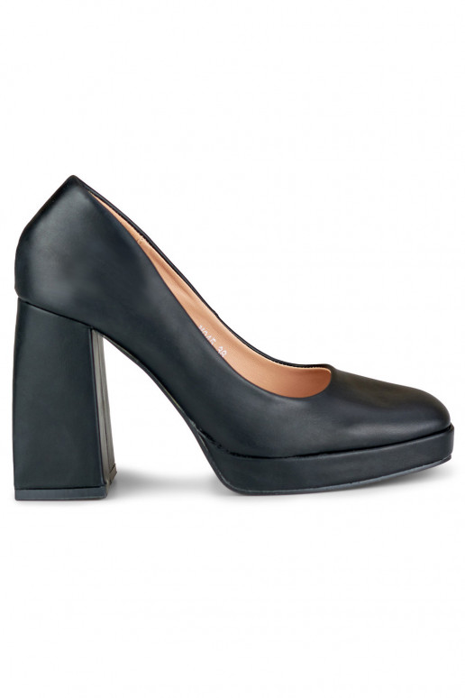 Black high-heeled shoes with a wide heel