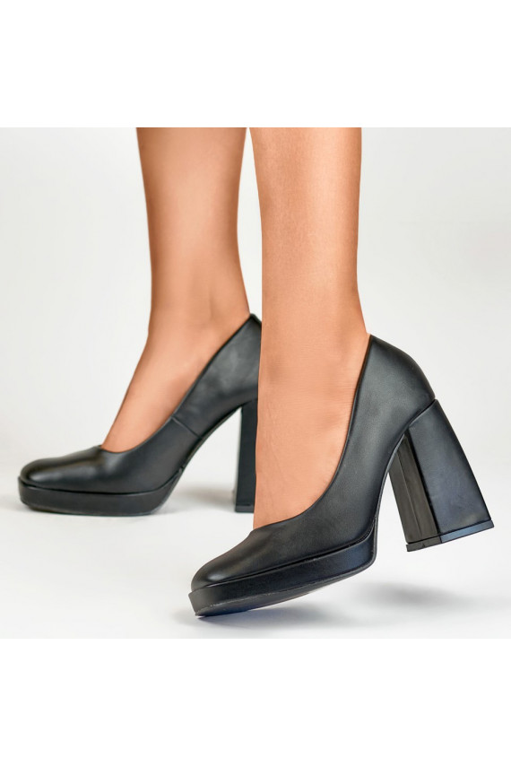 Black high-heeled shoes with a wide heel