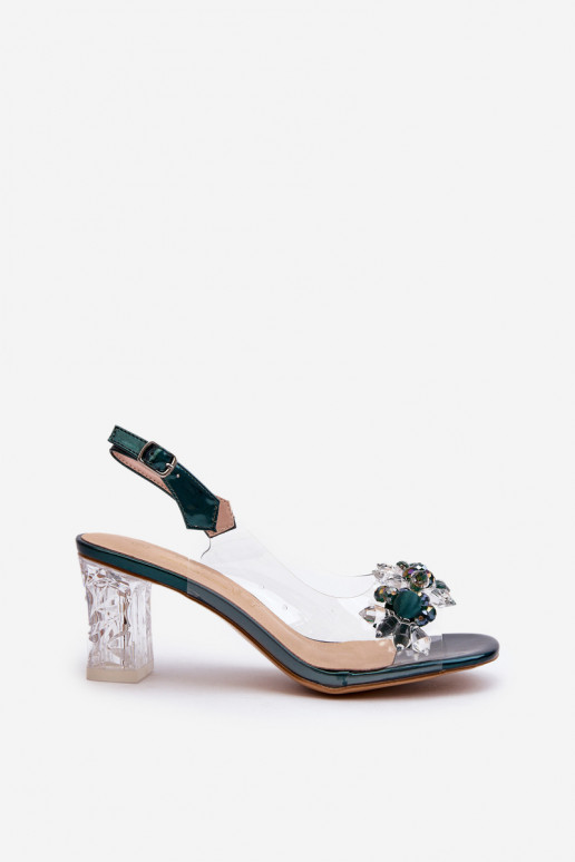 Transparent sandals on a heel with decorations in green D&A