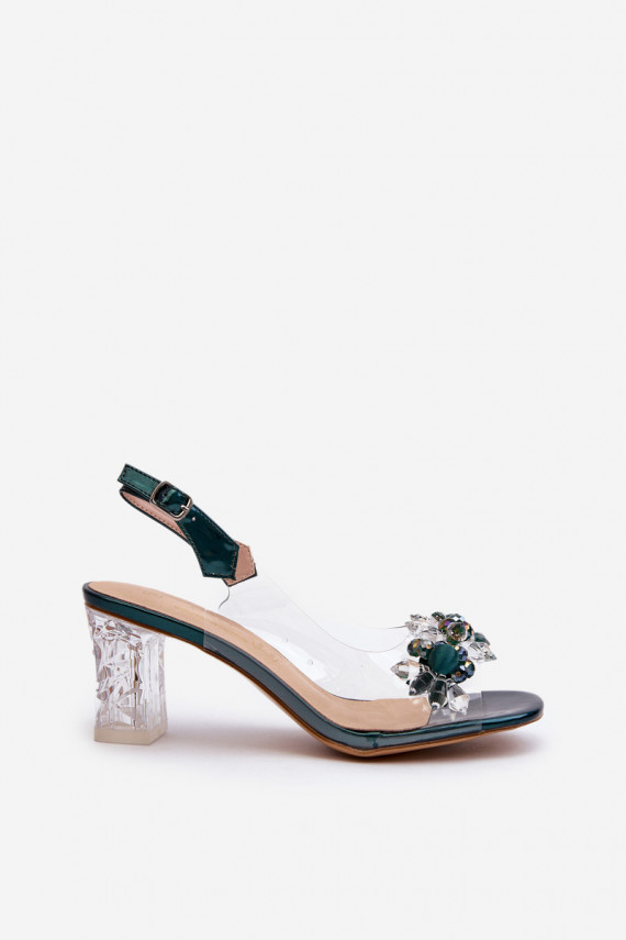 Transparent sandals on a heel with decorations in green D&A