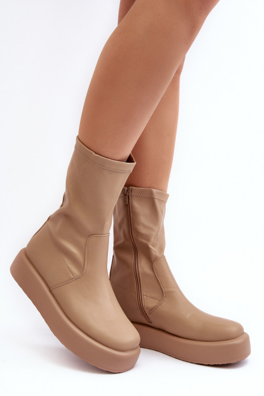 Women's Platform Ankle Boots in Beige Faux Leather Algedi