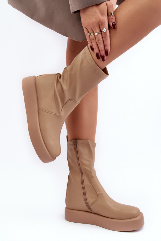 Women's Platform Ankle Boots in Beige Faux Leather Algedi