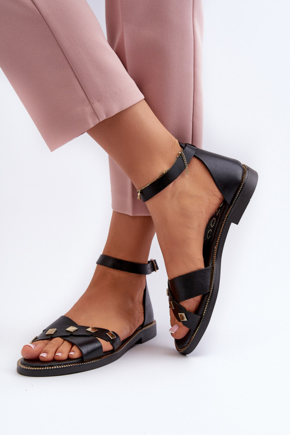 Zazoo Flat Women's Leather Sandals Black