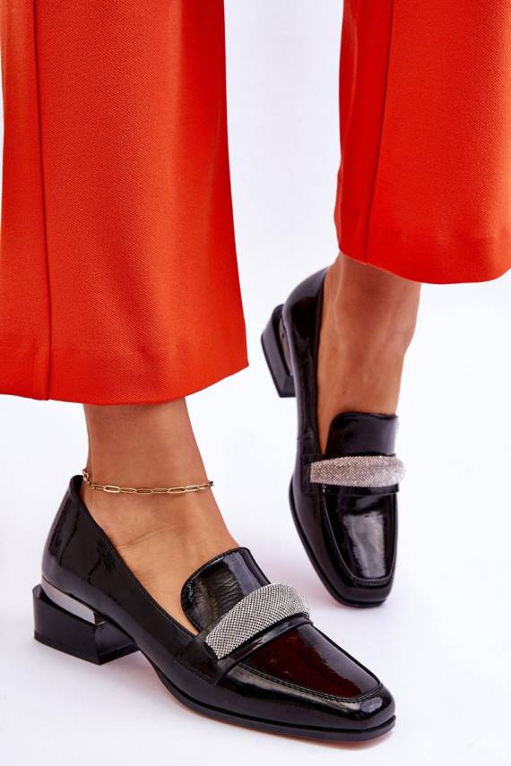 Patent High Heel Loafers With Cubic Zirconia Black Lavern 