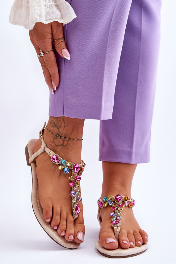 Leather Sandals With Rhinestones Heels Beige Carlotta