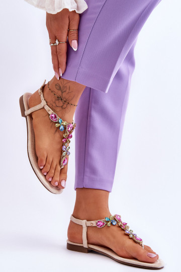 Leather Sandals With Rhinestones Heels Beige Carlotta 2