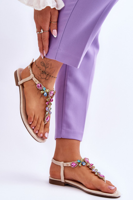 Leather Sandals With Rhinestones Heels Beige Carlotta