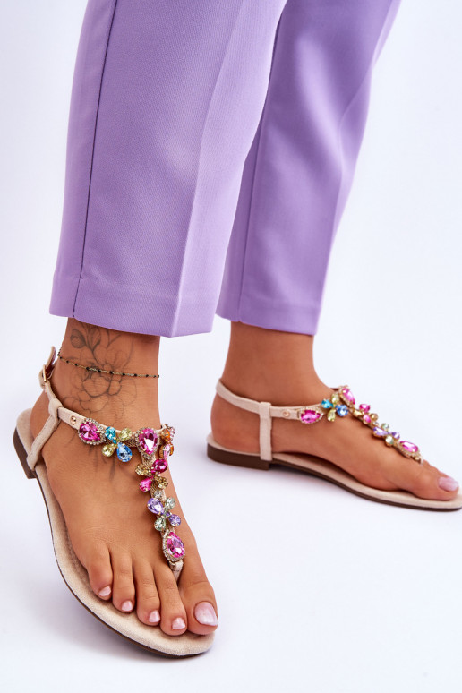 Leather Sandals With Rhinestones Heels Beige Carlotta