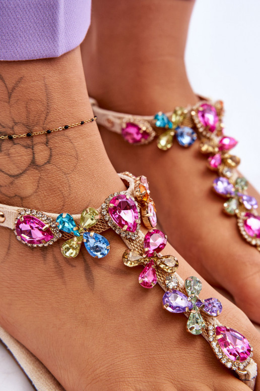 Suede Flip Flops With Stones Beige Frency Suede Flip Flops With Stones Beige Frency