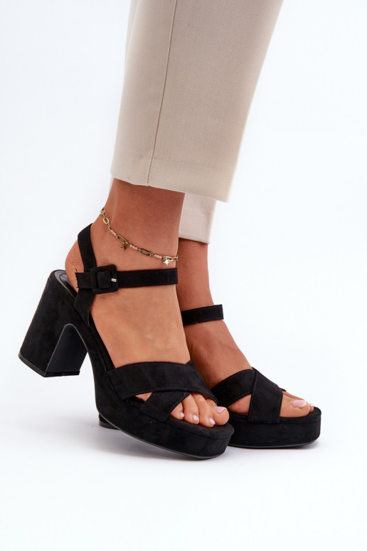 Women's Black Faux Suede Sandals with Chunky Heel and Platform Sakane Women's Black Faux Suede Sandals with Chunky Heel and Platform Sakane
