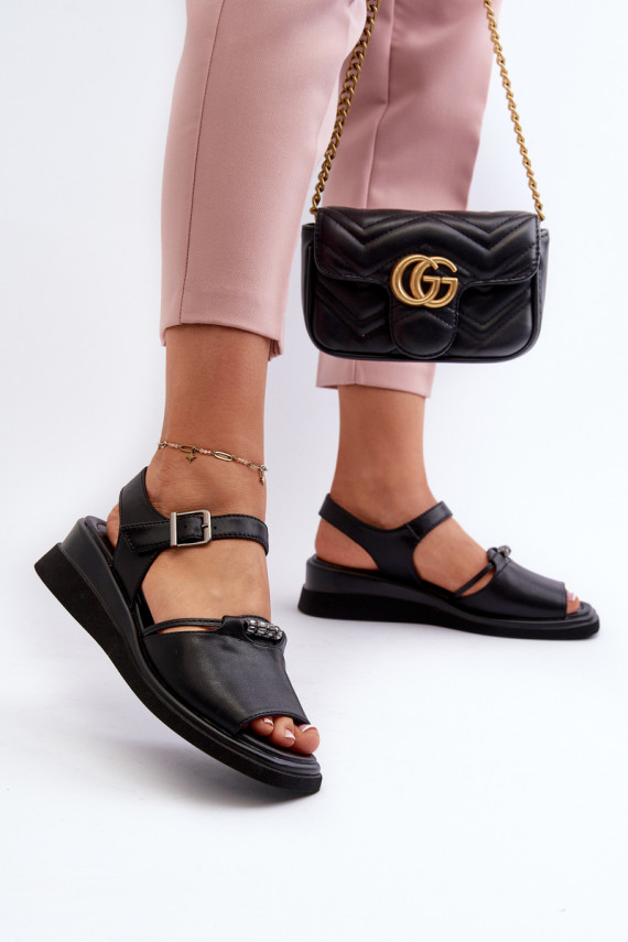 Black Women's Leather Wedge Sandals Vinceza