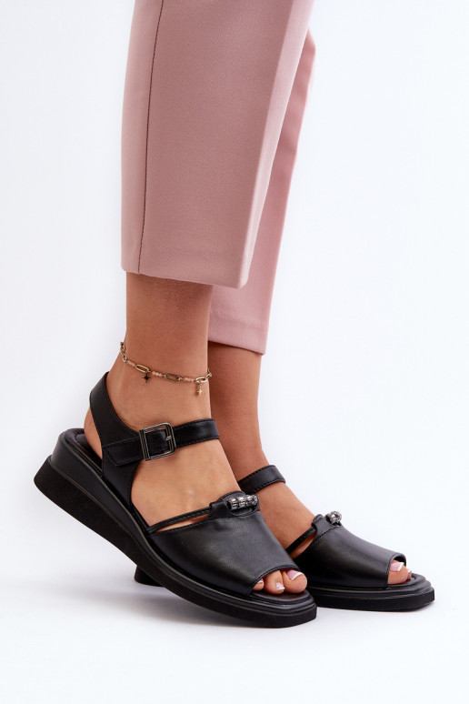 Black Women's Leather Wedge Sandals Vinceza