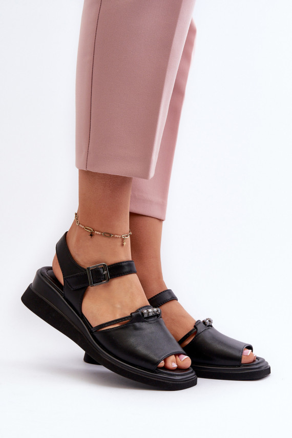 Black Women's Leather Wedge Sandals Vinceza