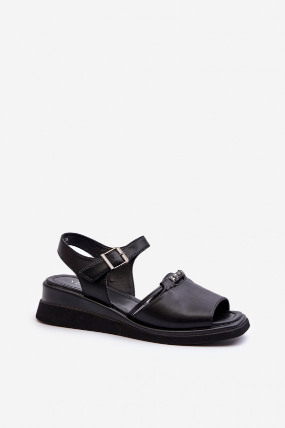 Black Women's Leather Wedge Sandals Vinceza