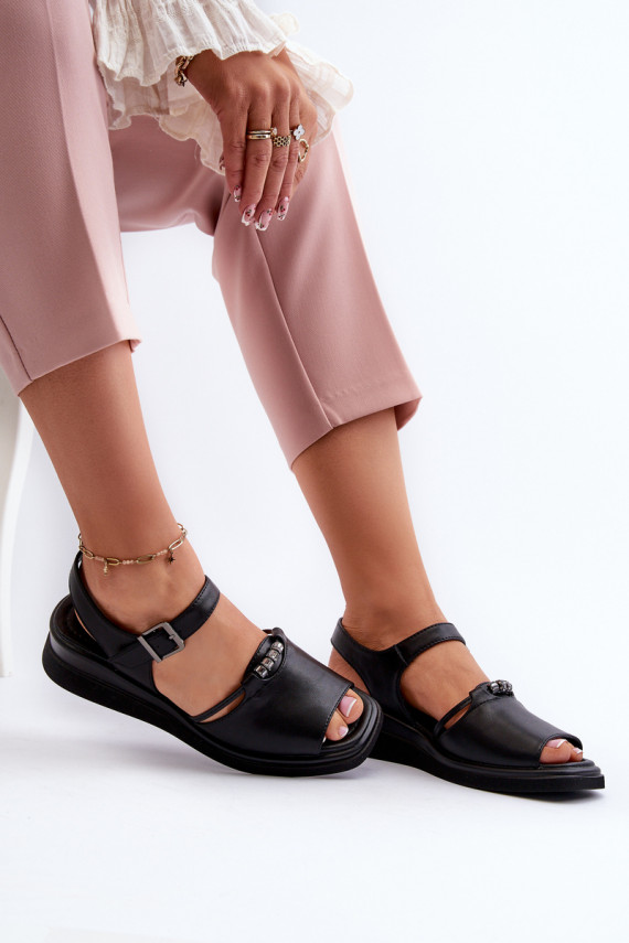 Black Women's Leather Wedge Sandals Vinceza