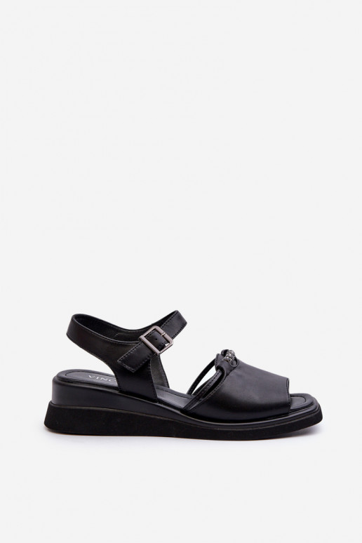Black Women's Leather Wedge Sandals Vinceza