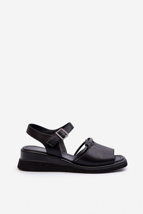Black Women's Leather Wedge Sandals Vinceza