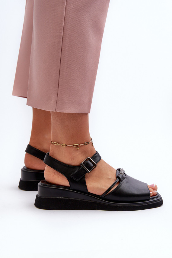 Black Women's Leather Wedge Sandals Vinceza