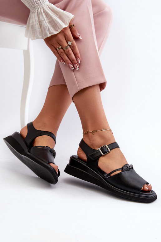 Black Women's Leather Wedge Sandals Vinceza